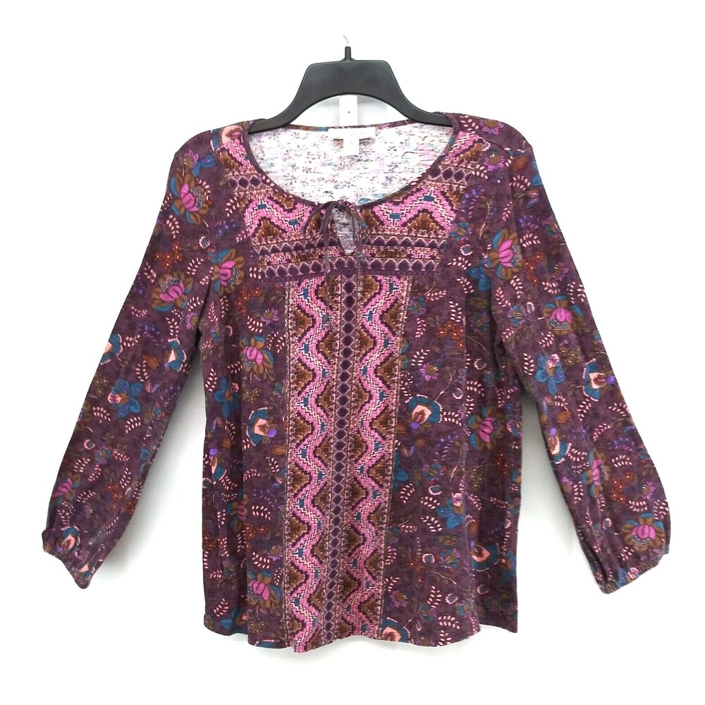 Vintage America Shirt Womens Size M Purple All Over Print Tie Keyhole Neck Top